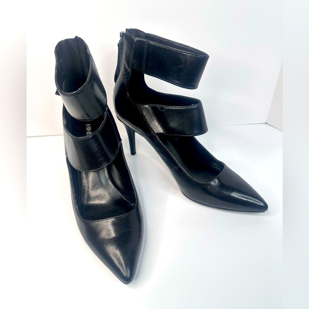 Nine West NWPURSUE Black Leather Double Strap Pointed Toe Pumps Heels